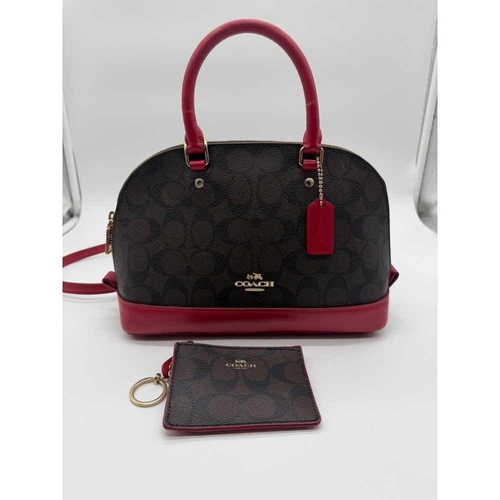 Coach Signature Sierra Satchel Brown Red Dome Handbag with ID Card Case Set